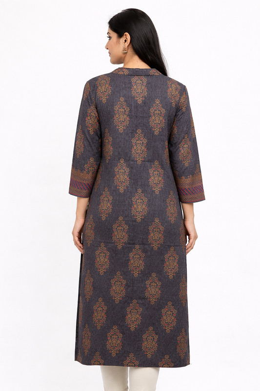 Elegant Charcoal Grey Ethnic Printed Kurti with Handcrafted Bead Work Detailing