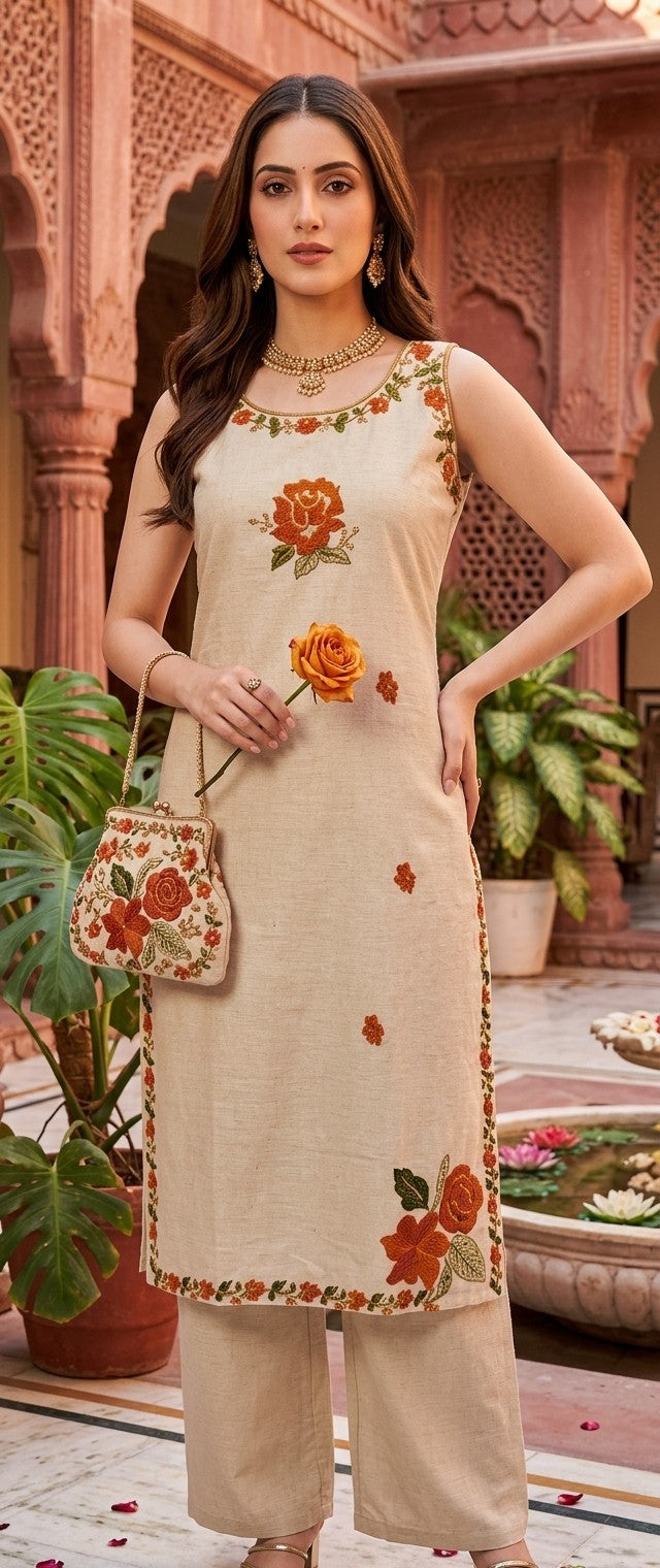 Khadi Cotton Suit with Floral Embroidery