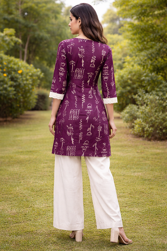 Women’s Purple Tribal Print Kurti with Off-White Palazzo Co-Ord Set