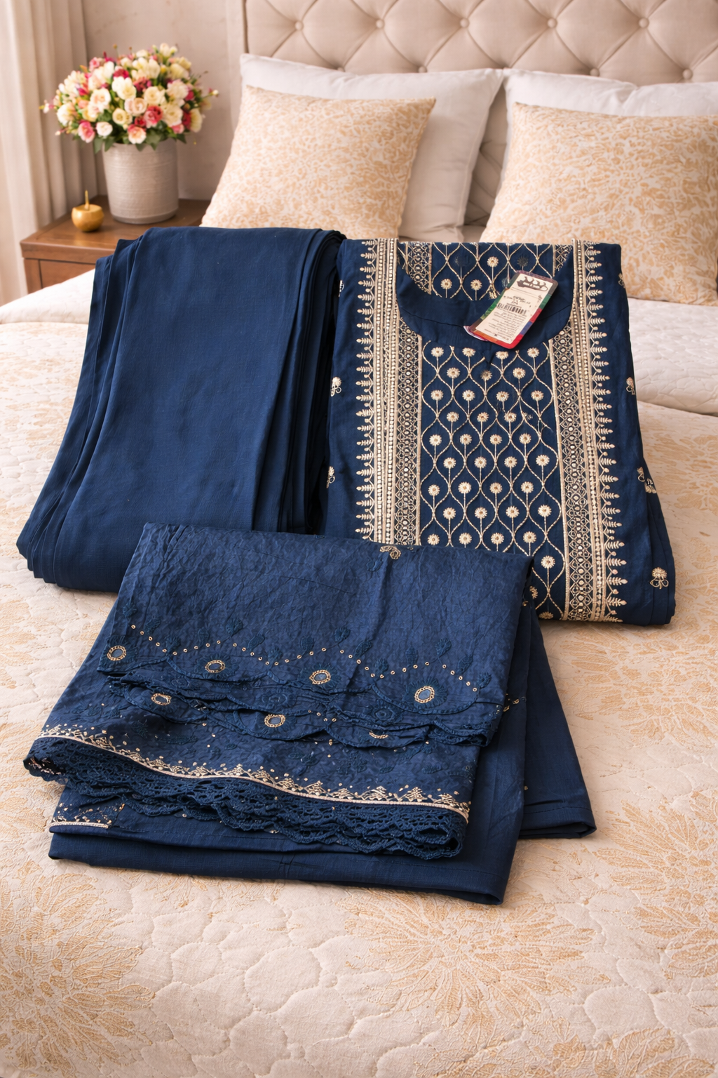 Elegant Navy Blue Embroidered Cotton Kurta Set with Dupatta