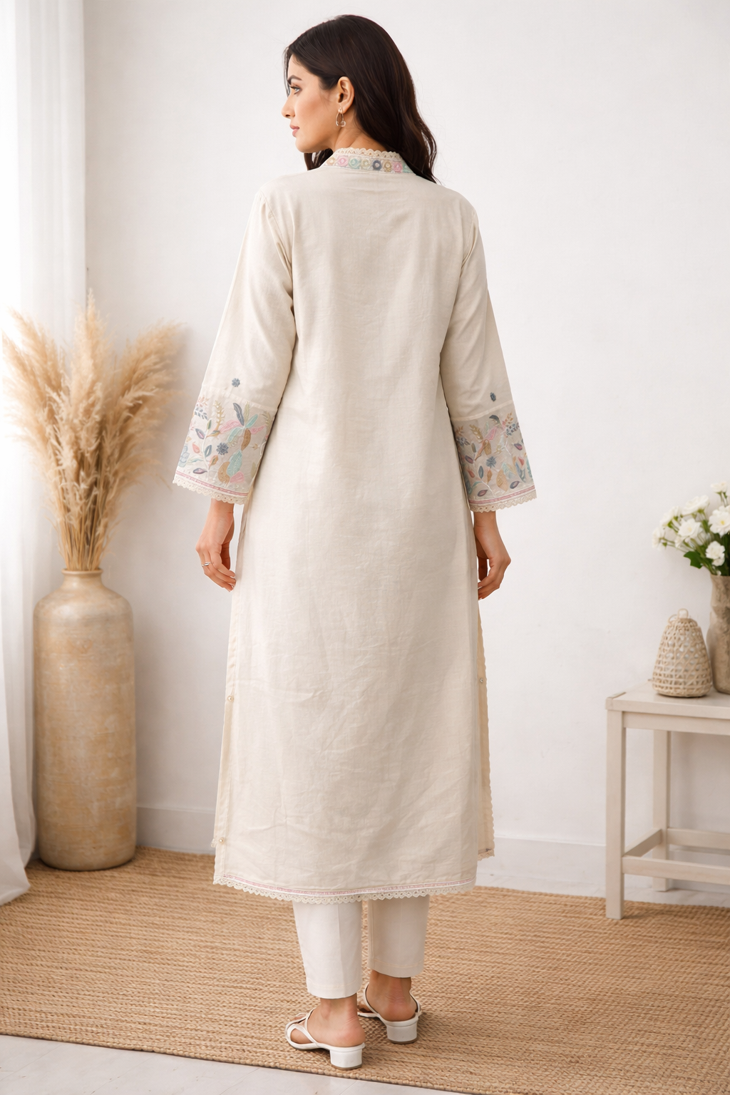 Pastel Floral Embroidered Kurta Set with Matching Dupatta & Pant
