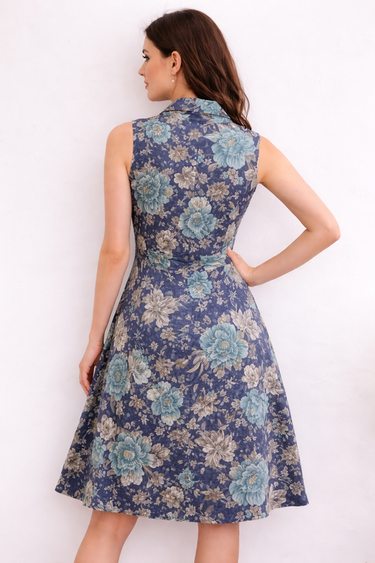 Women’s Navy Blue Floral Print Sleeveless Collared A-Line Dress