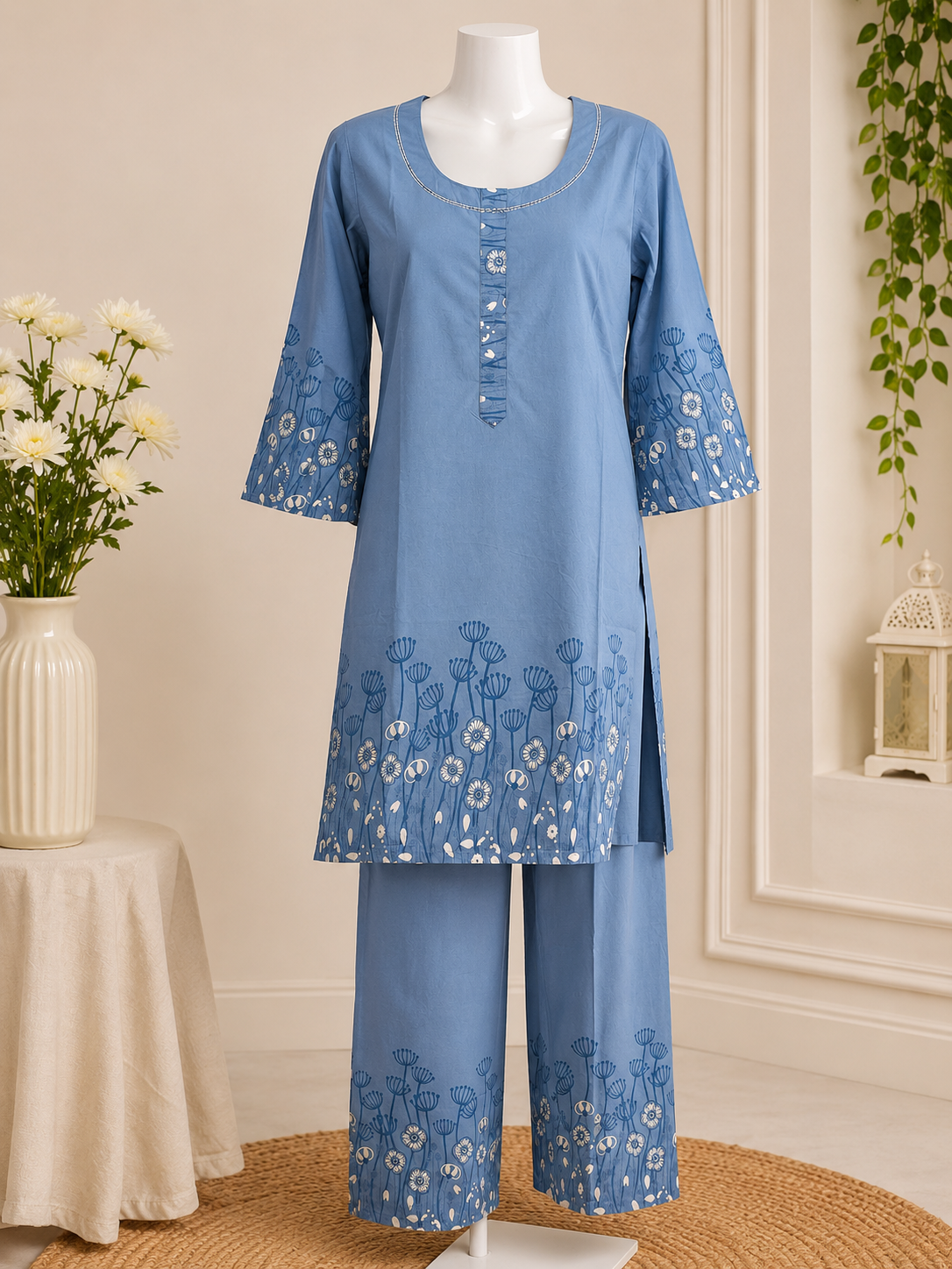 Elegant Sky Blue Rayon Cotton Coord Set