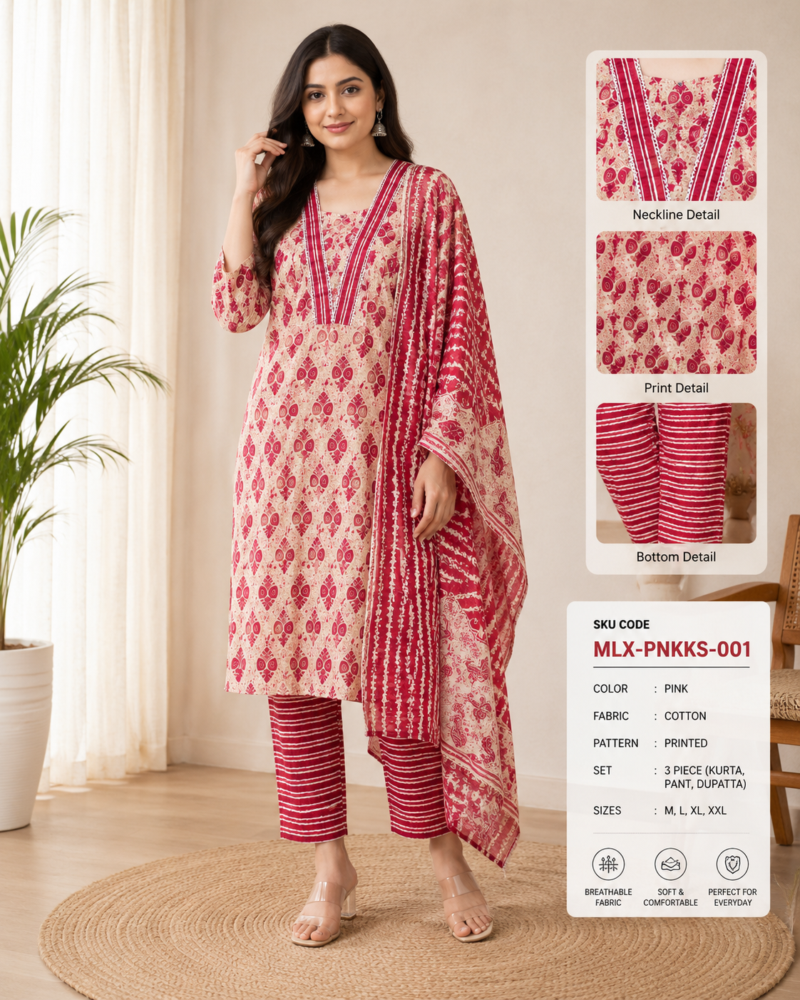 Mithiluxe Rosewood Printed Cotton Suit Set
