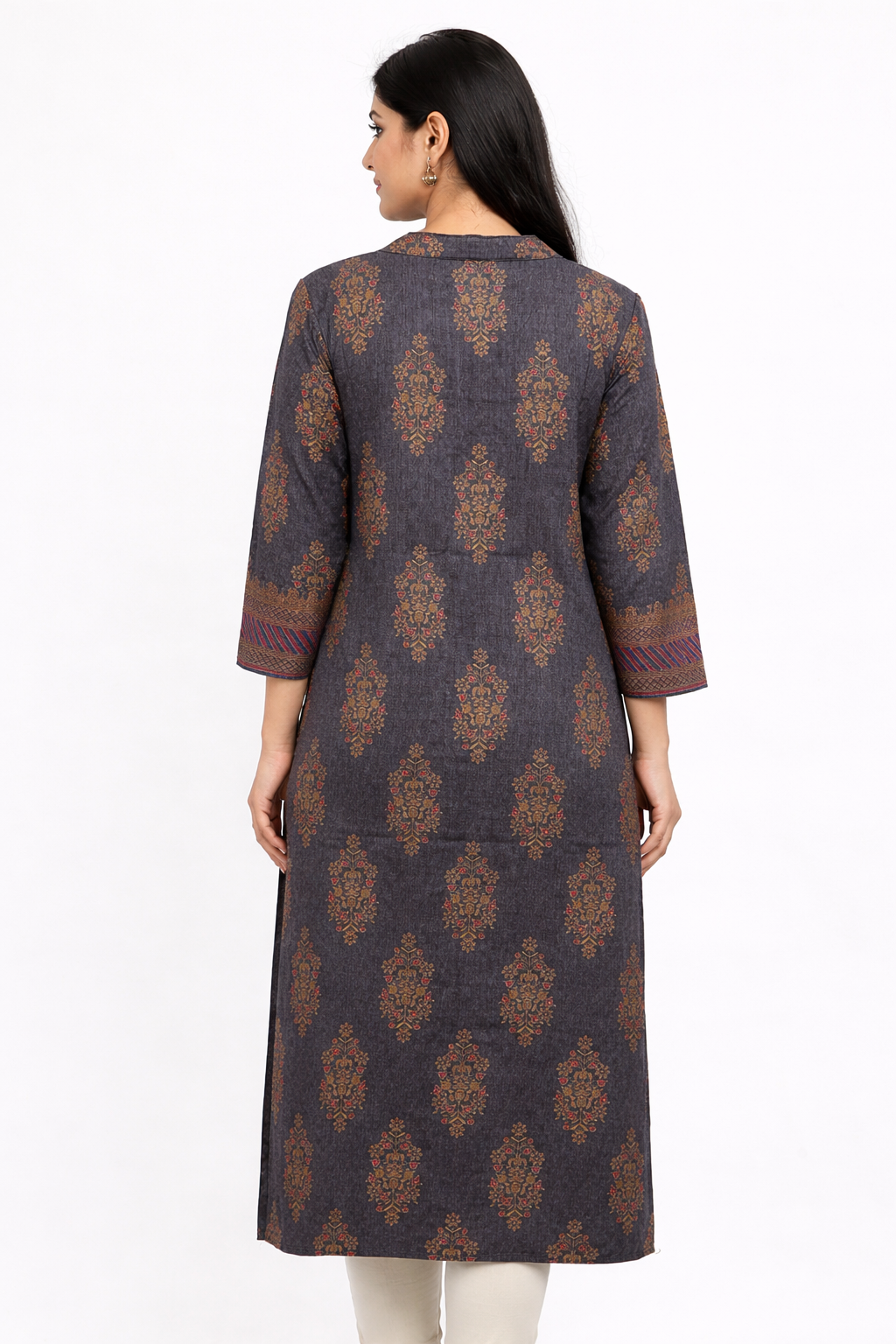 Elegant Charcoal Grey Ethnic Printed Kurti with Handcrafted Bead Work Detailing