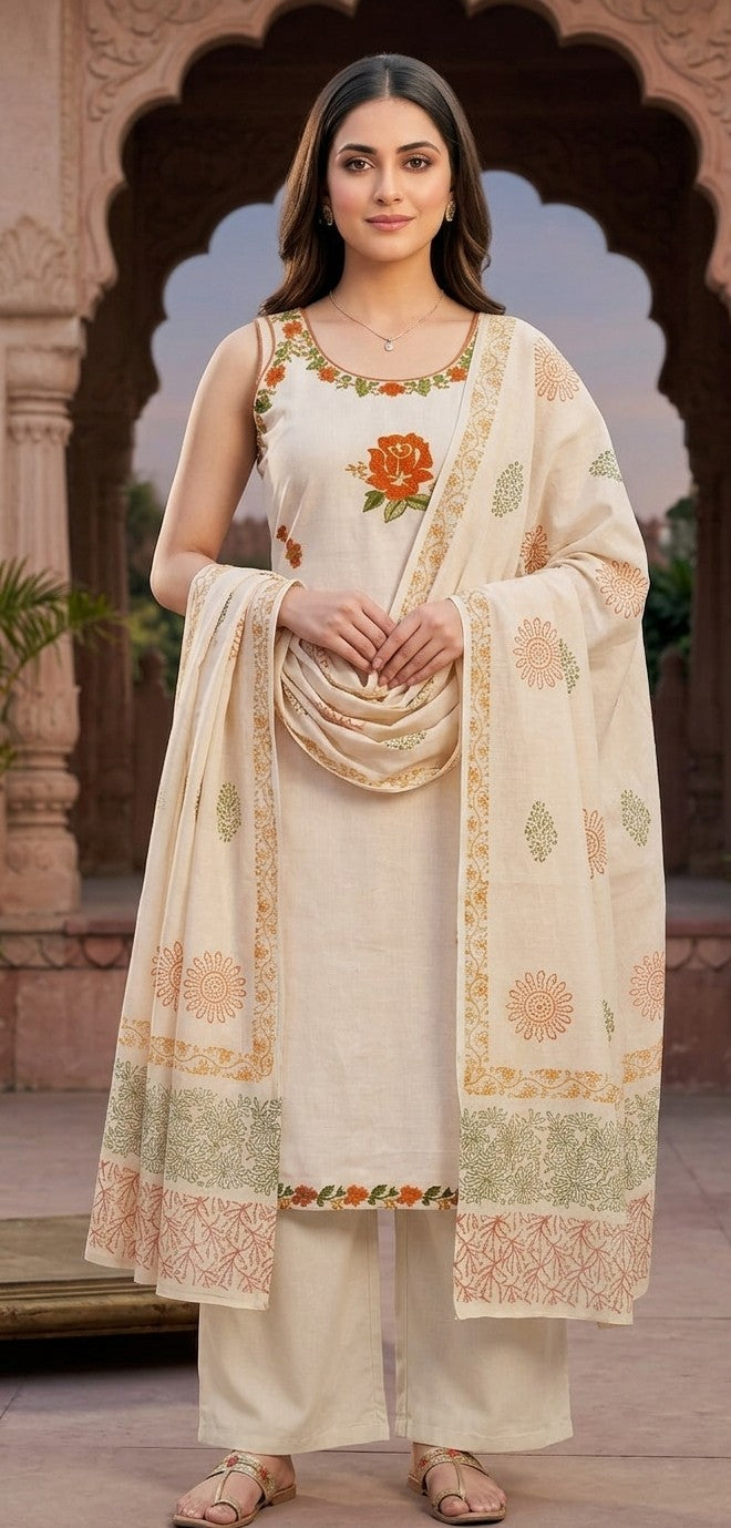 Khadi Cotton Suit with Floral Embroidery