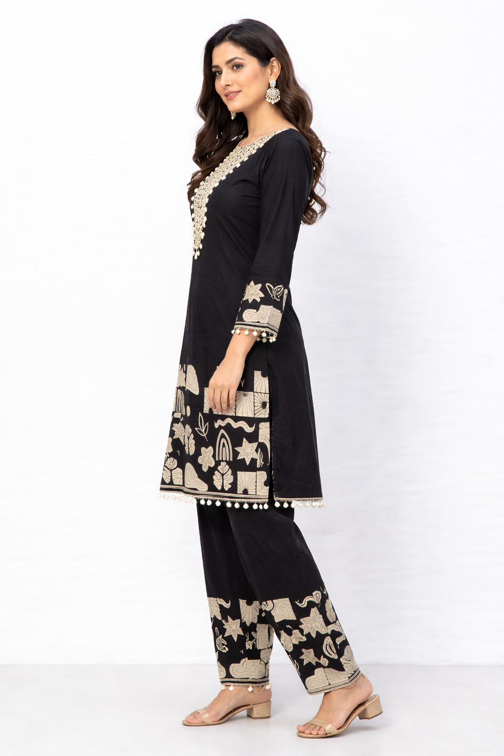 Black Mirror Work Printed Kurti Pant Co-Ord Set for Women