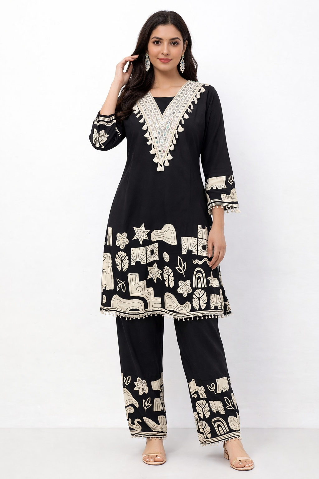 Black Mirror Work Printed Kurti Pant Co-Ord Set for Women