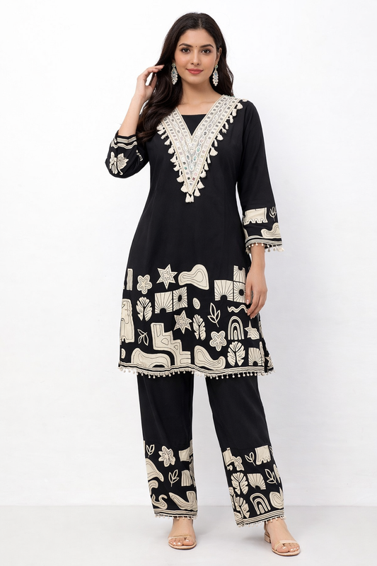 Black Mirror Work Printed Kurti Pant Co-Ord Set for Women