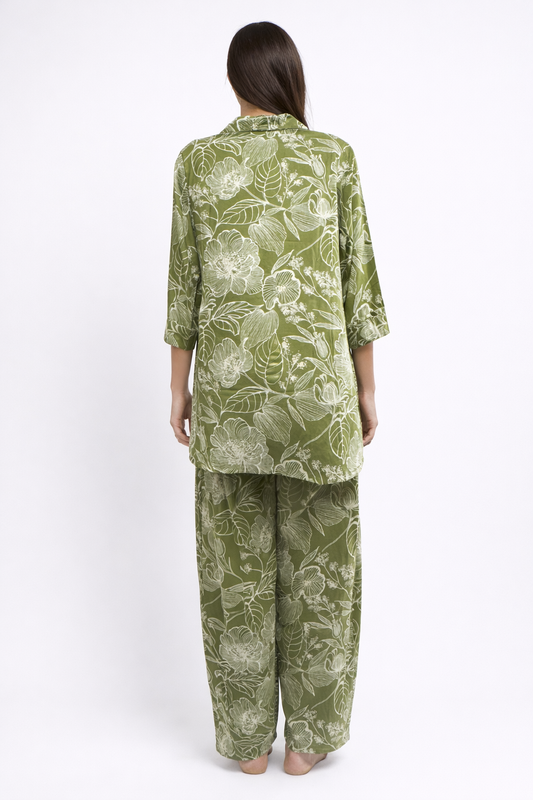 Mithiluxe Olive Bloom Floral Lounge Co-ord Se