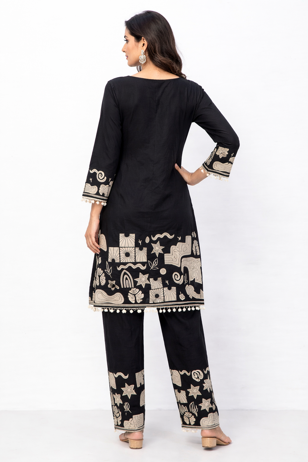 Black Mirror Work Printed Kurti Pant Co-Ord Set for Women