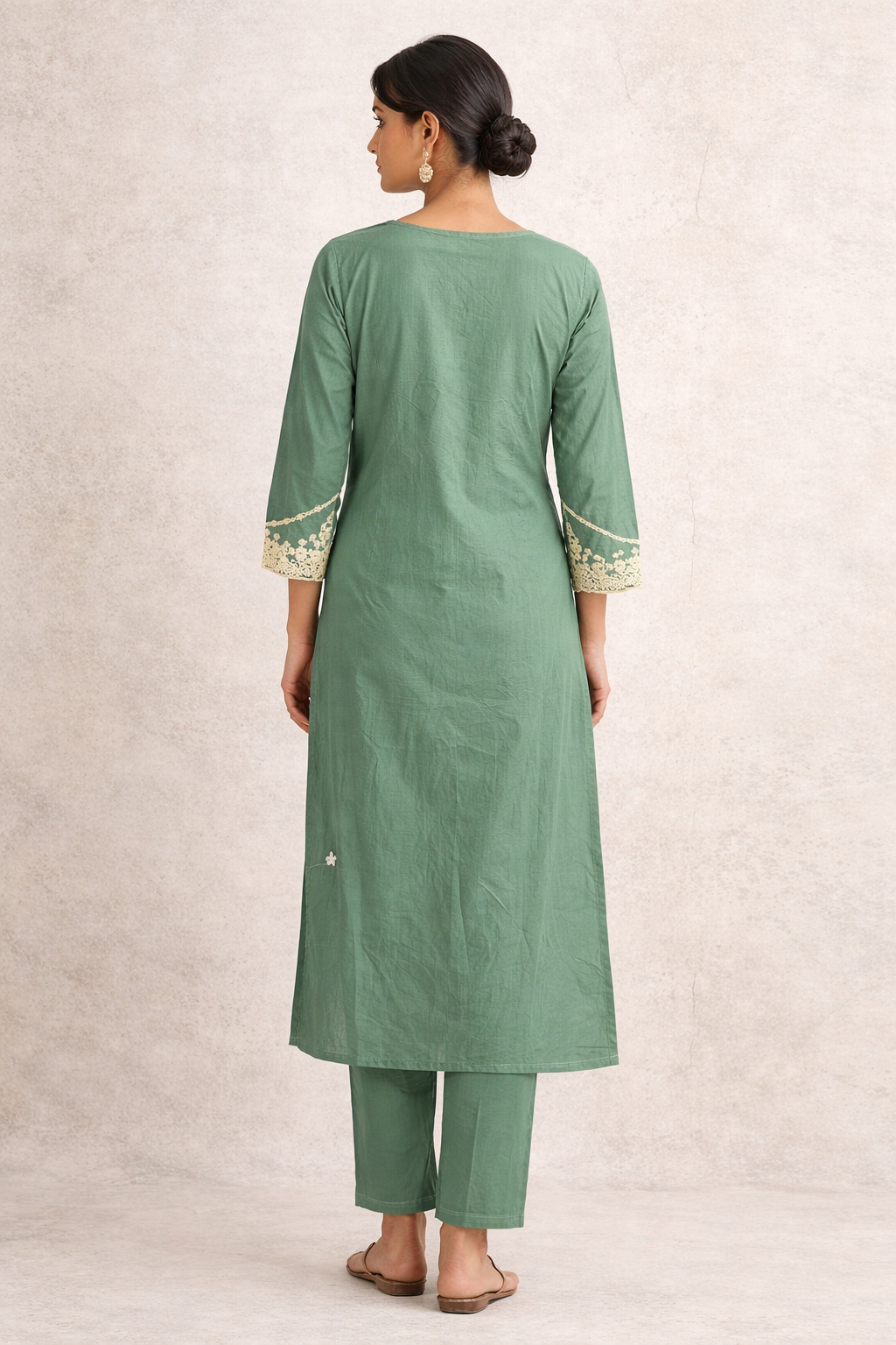Sea Green Cotton Embroidered Kurta Set with Dupatta