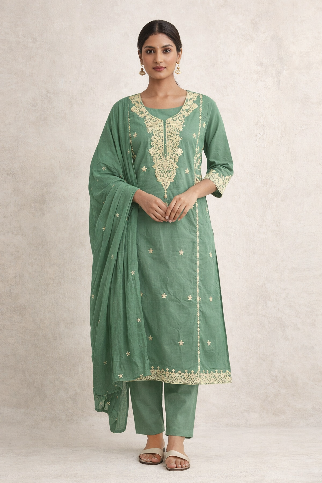 Sea Green Cotton Embroidered Kurta Set with Dupatta