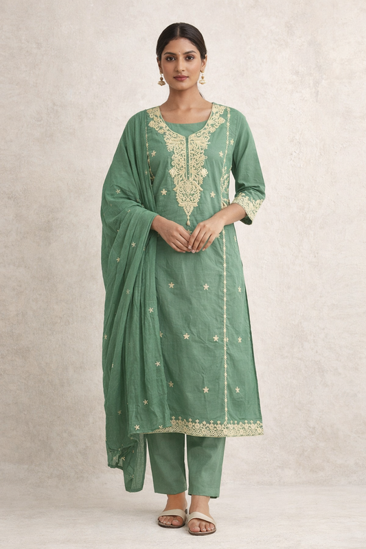 Sea Green Cotton Embroidered Kurta Set with Dupatta