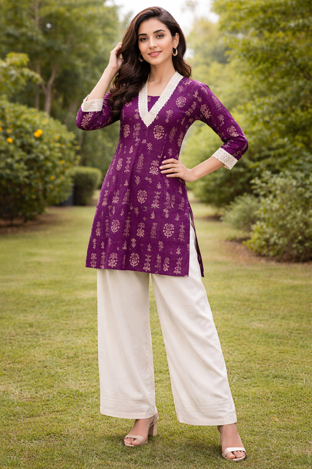Women’s Purple Tribal Print Kurti with Off-White Palazzo Co-Ord Set