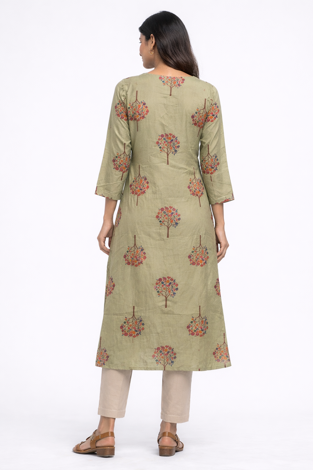 Olive Green Floral Tree Print Straight Kurti for Women | Round Neck | 3/4 Sleeves