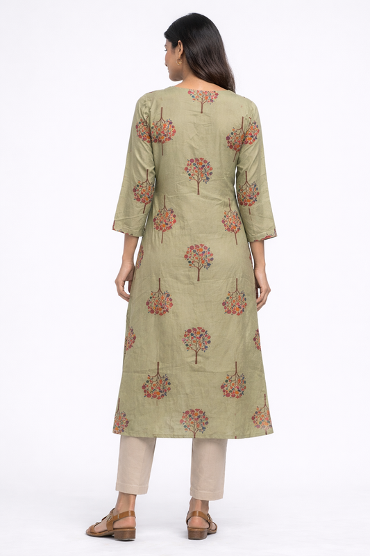 Olive Green Floral Tree Print Straight Kurti for Women | Round Neck | 3/4 Sleeves