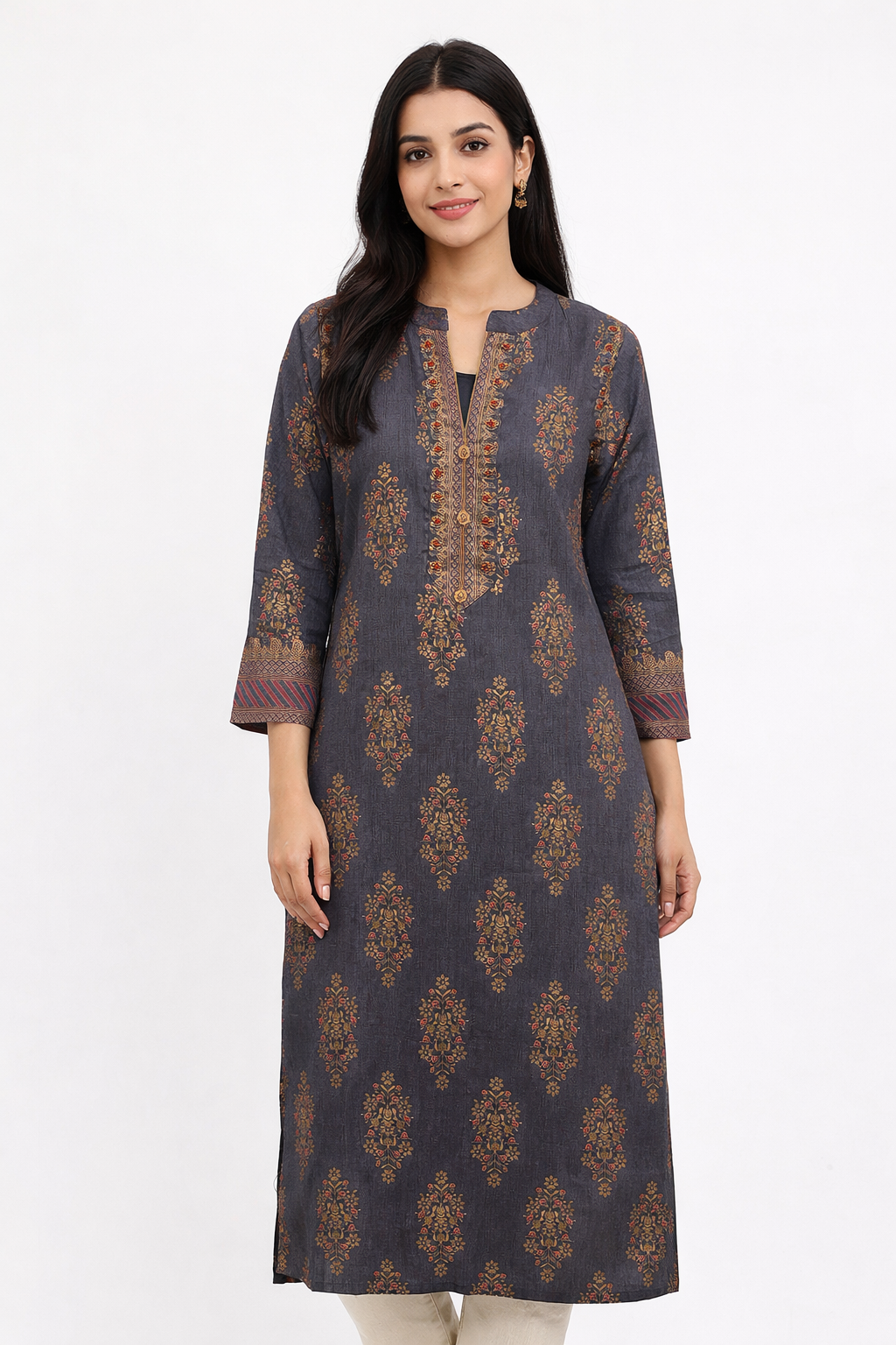 Elegant Charcoal Grey Ethnic Printed Kurti with Handcrafted Bead Work Detailing