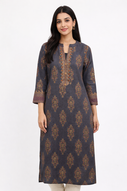 Elegant Charcoal Grey Ethnic Printed Kurti with Handcrafted Bead Work Detailing