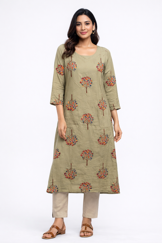 Olive Green Floral Tree Print Straight Kurti for Women | Round Neck | 3/4 Sleeves