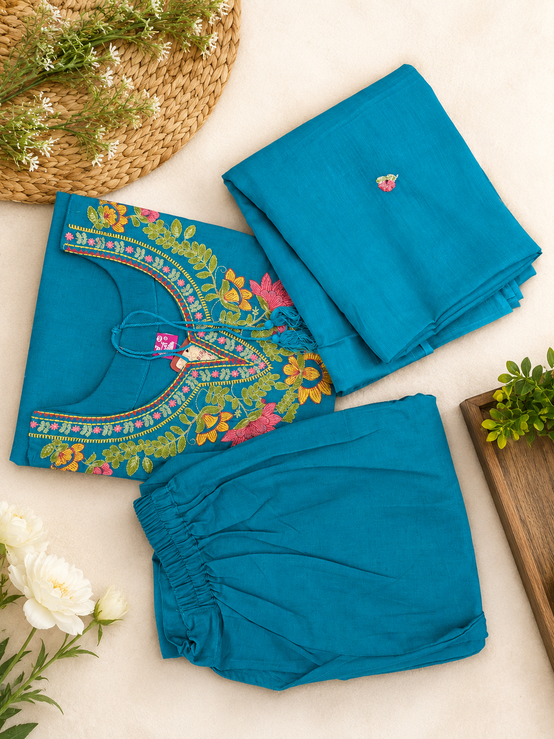 Blue Khadi Cotton Suit with Embroidery