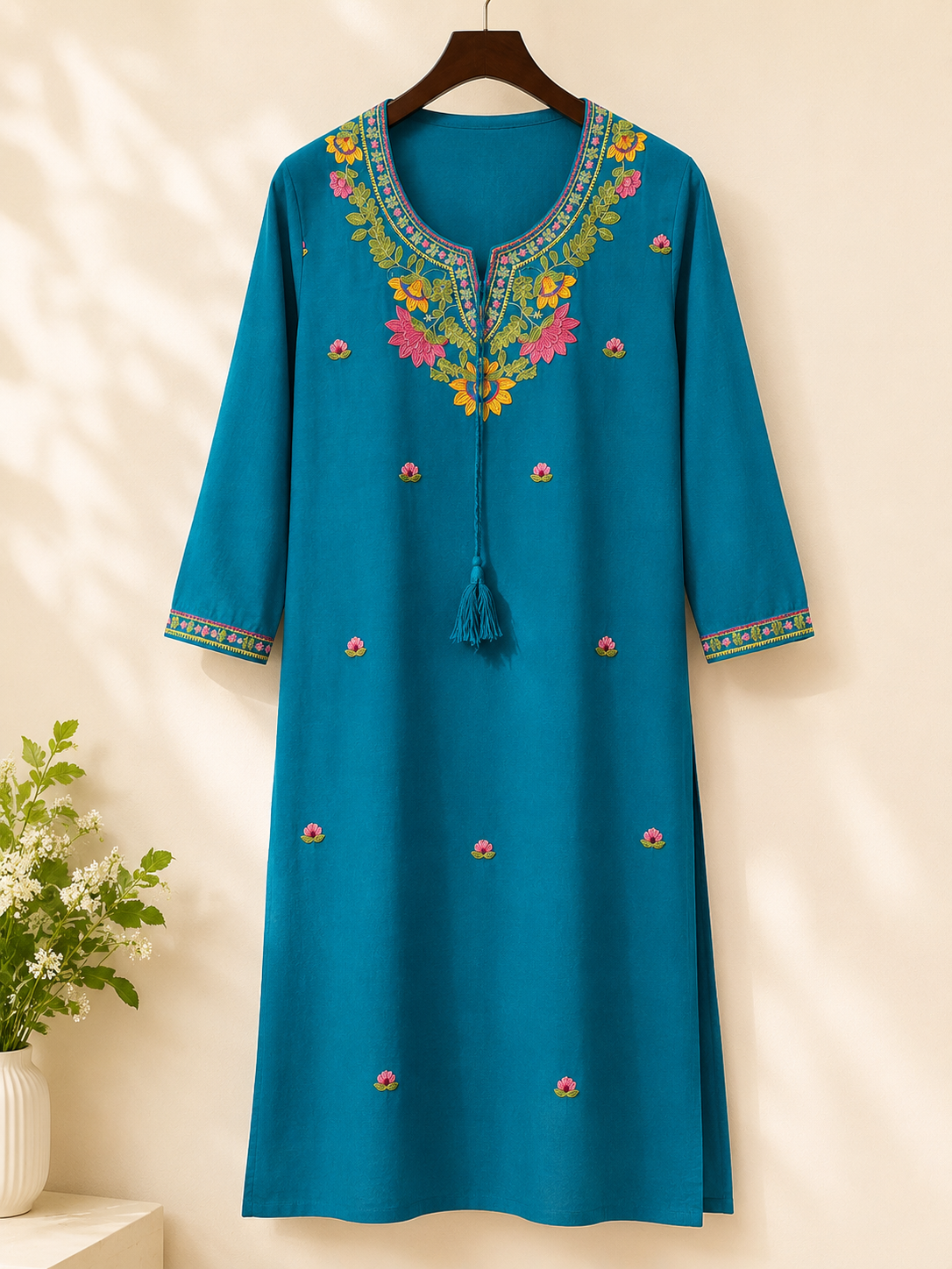 Blue Khadi Cotton Suit with Embroidery