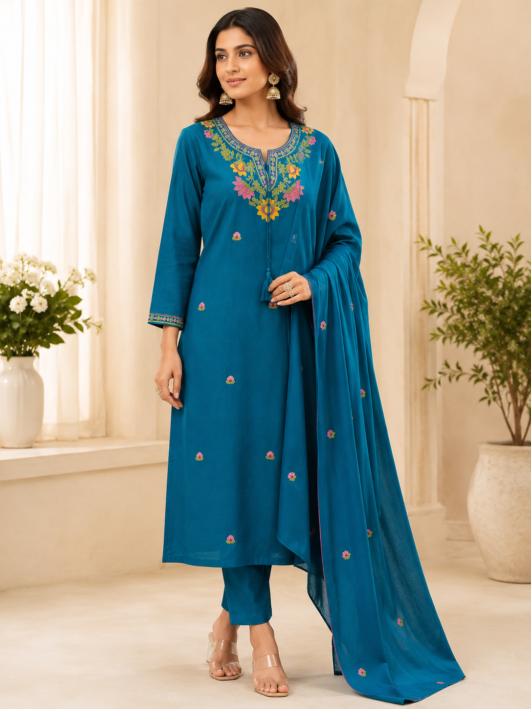 Blue Khadi Cotton Suit with Embroidery