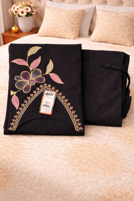 Elegant Black Khadi Kurta Set with floral embroidery