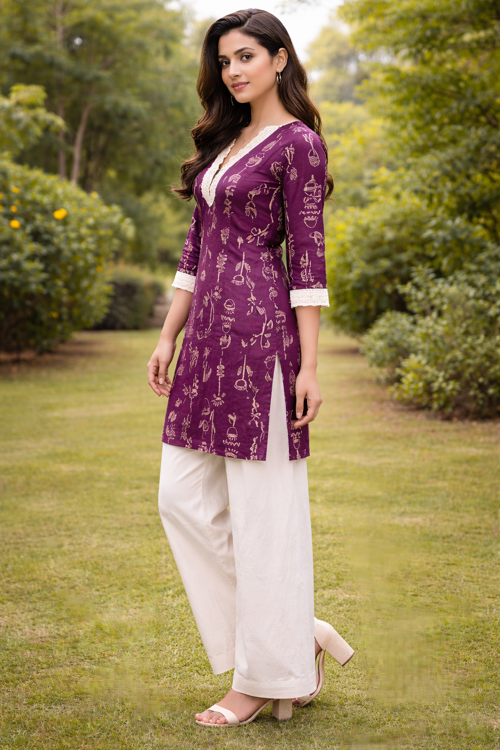 Women’s Purple Tribal Print Kurti with Off-White Palazzo Co-Ord Set