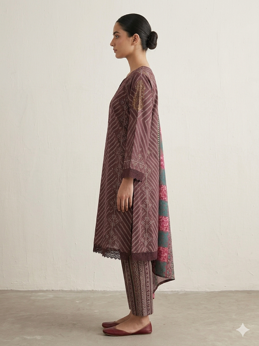 Elegant cotton Plum Wine kurti suit set