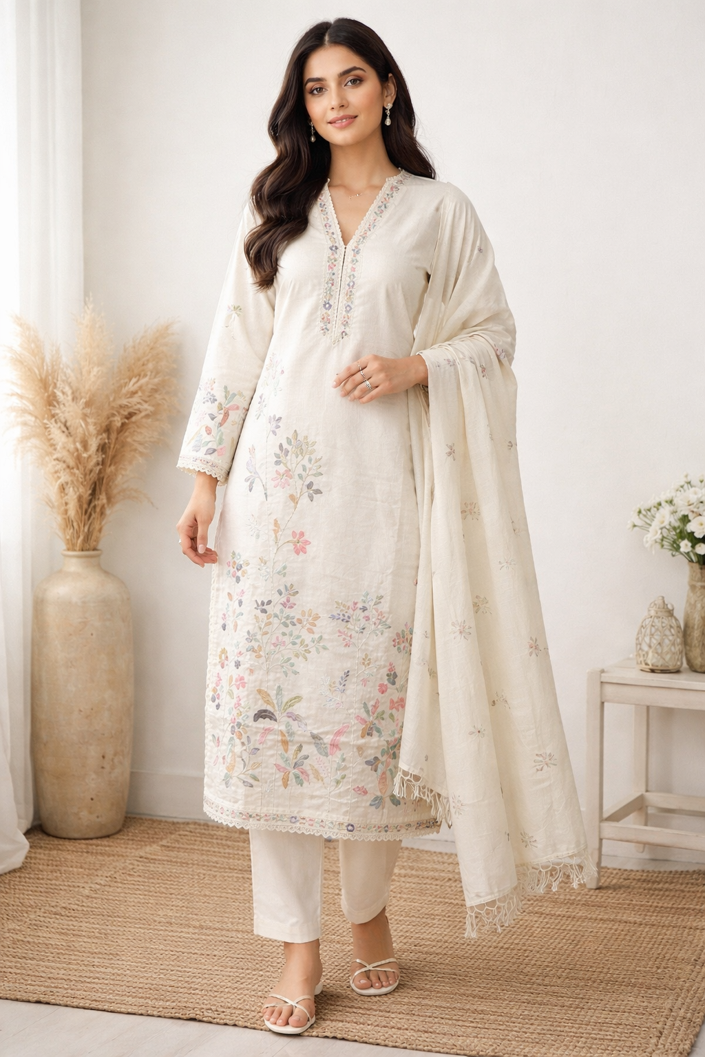 Pastel Floral Embroidered Kurta Set with Matching Dupatta & Pant