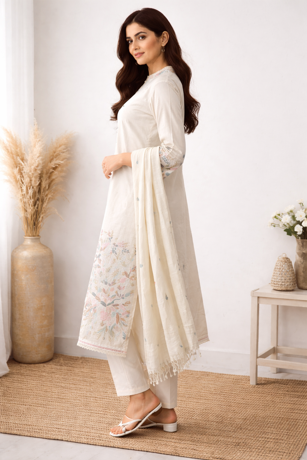 Pastel Floral Embroidered Kurta Set with Matching Dupatta & Pant