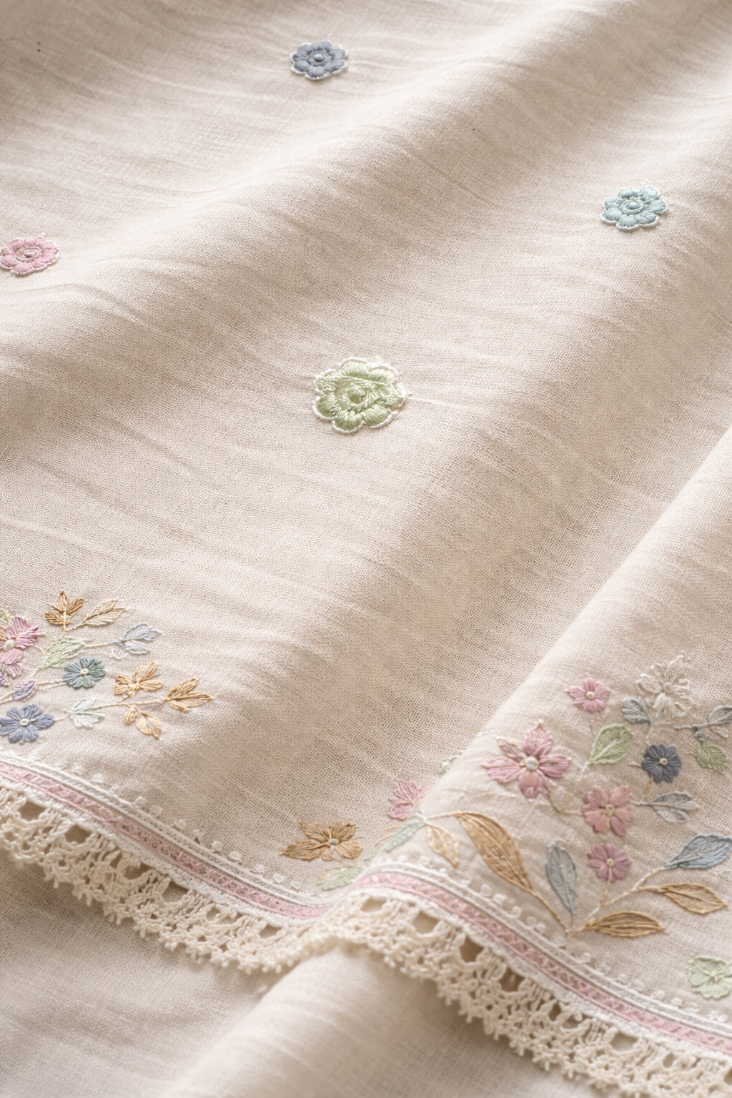 Pastel Floral Embroidered Kurta Set with Matching Dupatta & Pant