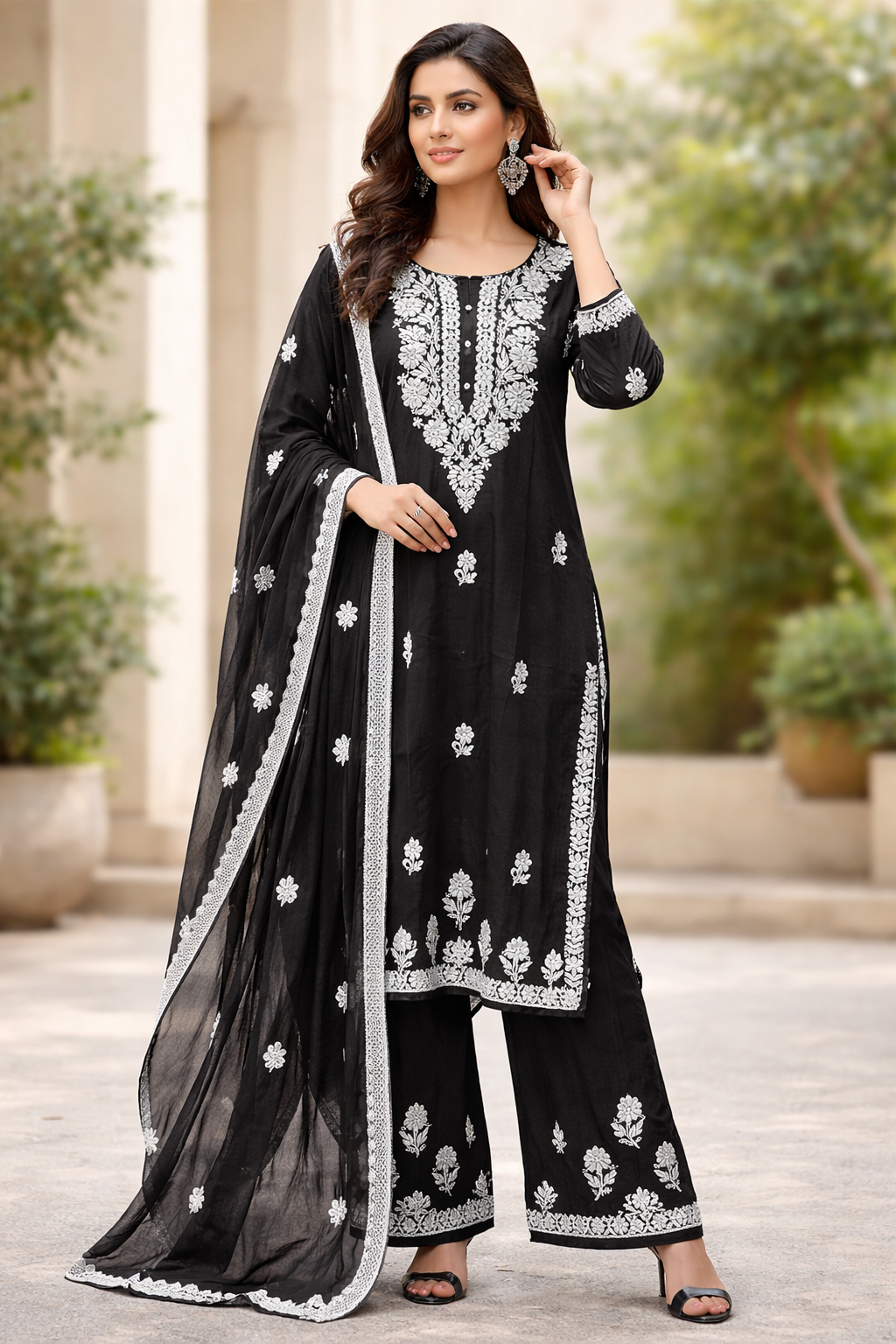 Black Chikankari Embroidered Kurta Palazzo & Dupatta Set for Women