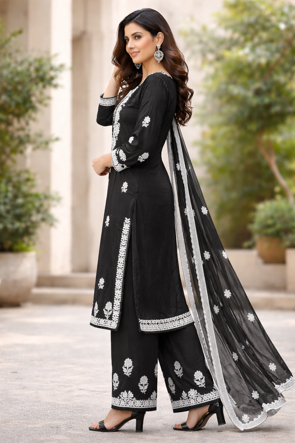 Black Chikankari Embroidered Kurta Palazzo & Dupatta Set for Women
