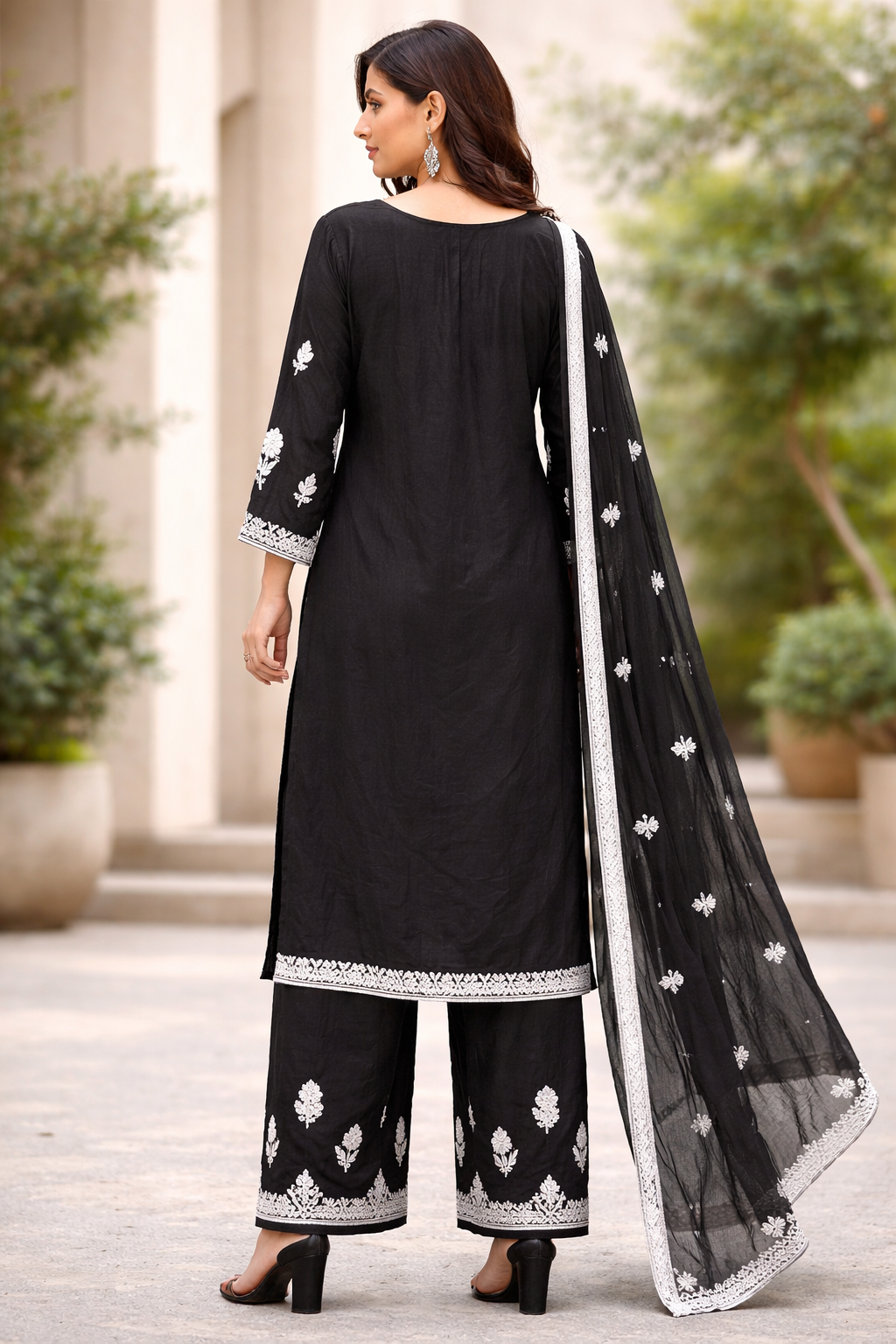Black Chikankari Embroidered Kurta Palazzo & Dupatta Set for Women