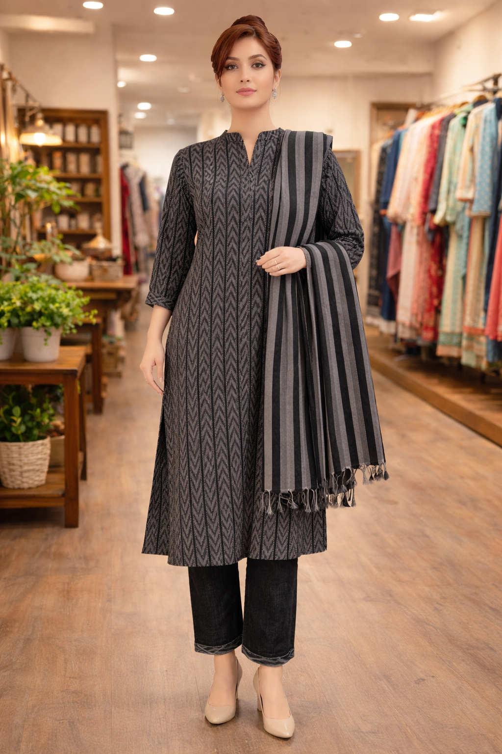 Women’s Black & Grey Chevron Print Kurta Pant Set with Striped Dupatta