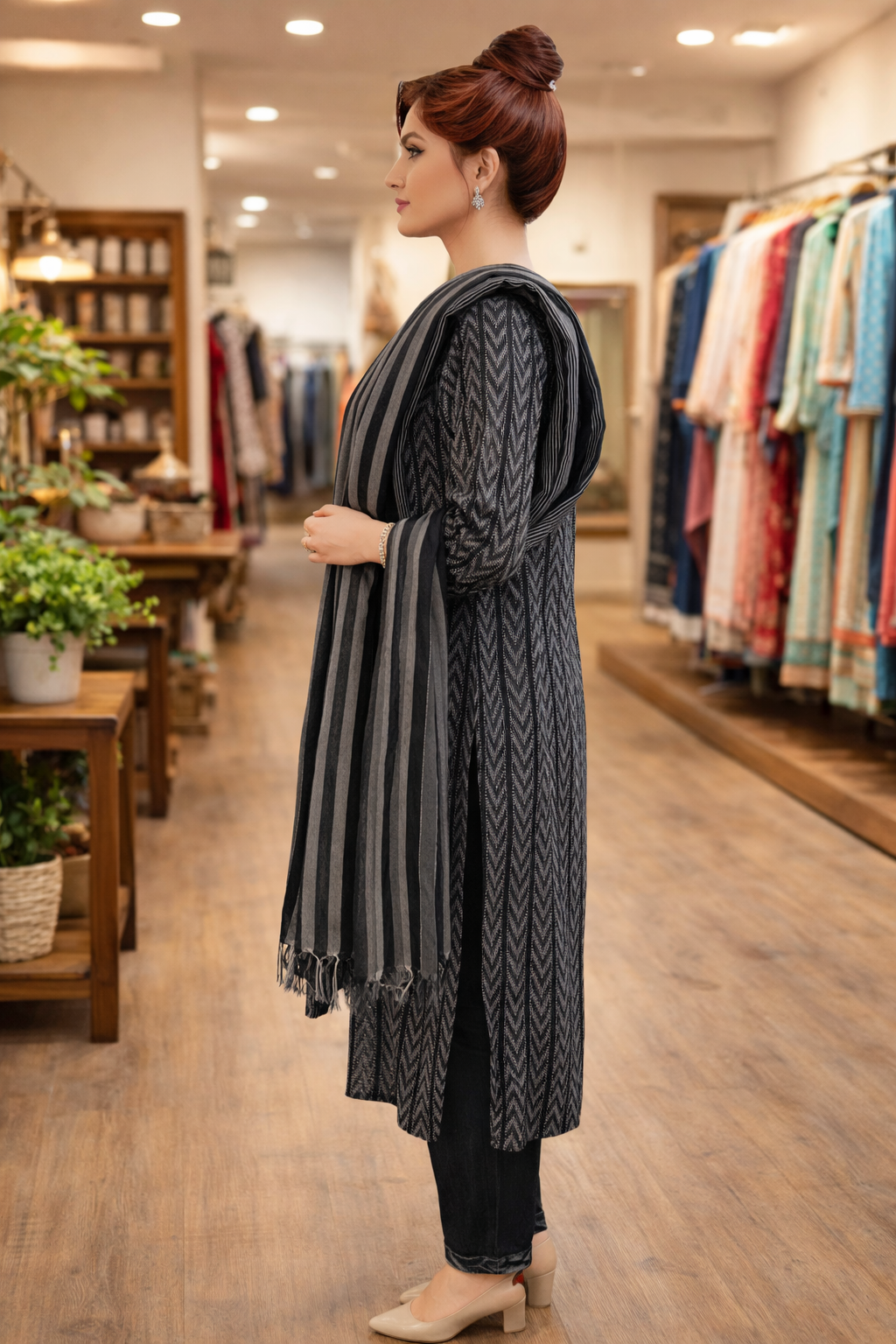 Women’s Black & Grey Chevron Print Kurta Pant Set with Striped Dupatta