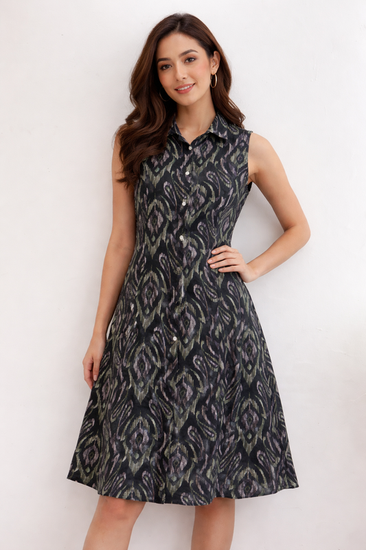 Women’s Black Ikat Print Sleeveless Collared A-Line Dress