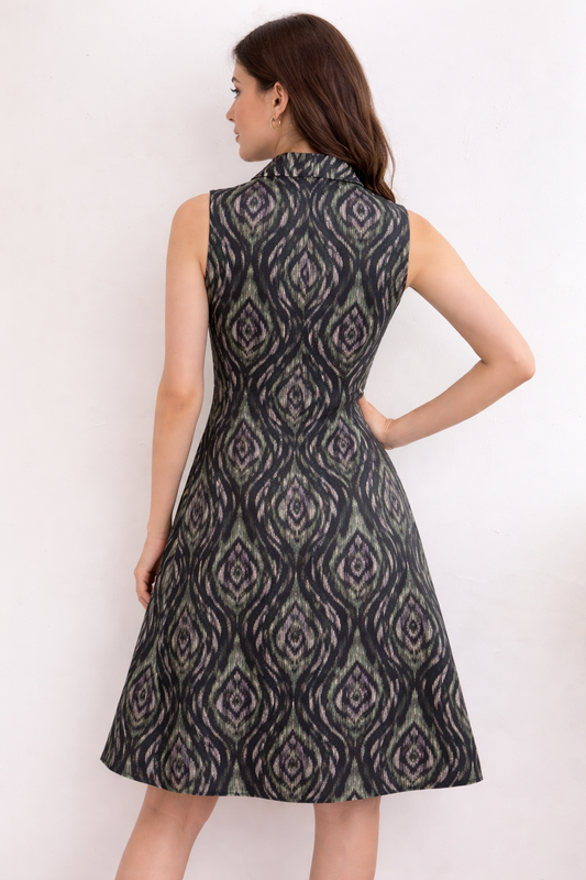 Women’s Black Ikat Print Sleeveless Collared A-Line Dress