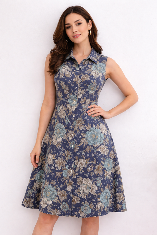 Women’s Navy Blue Floral Print Sleeveless Collared A-Line Dress