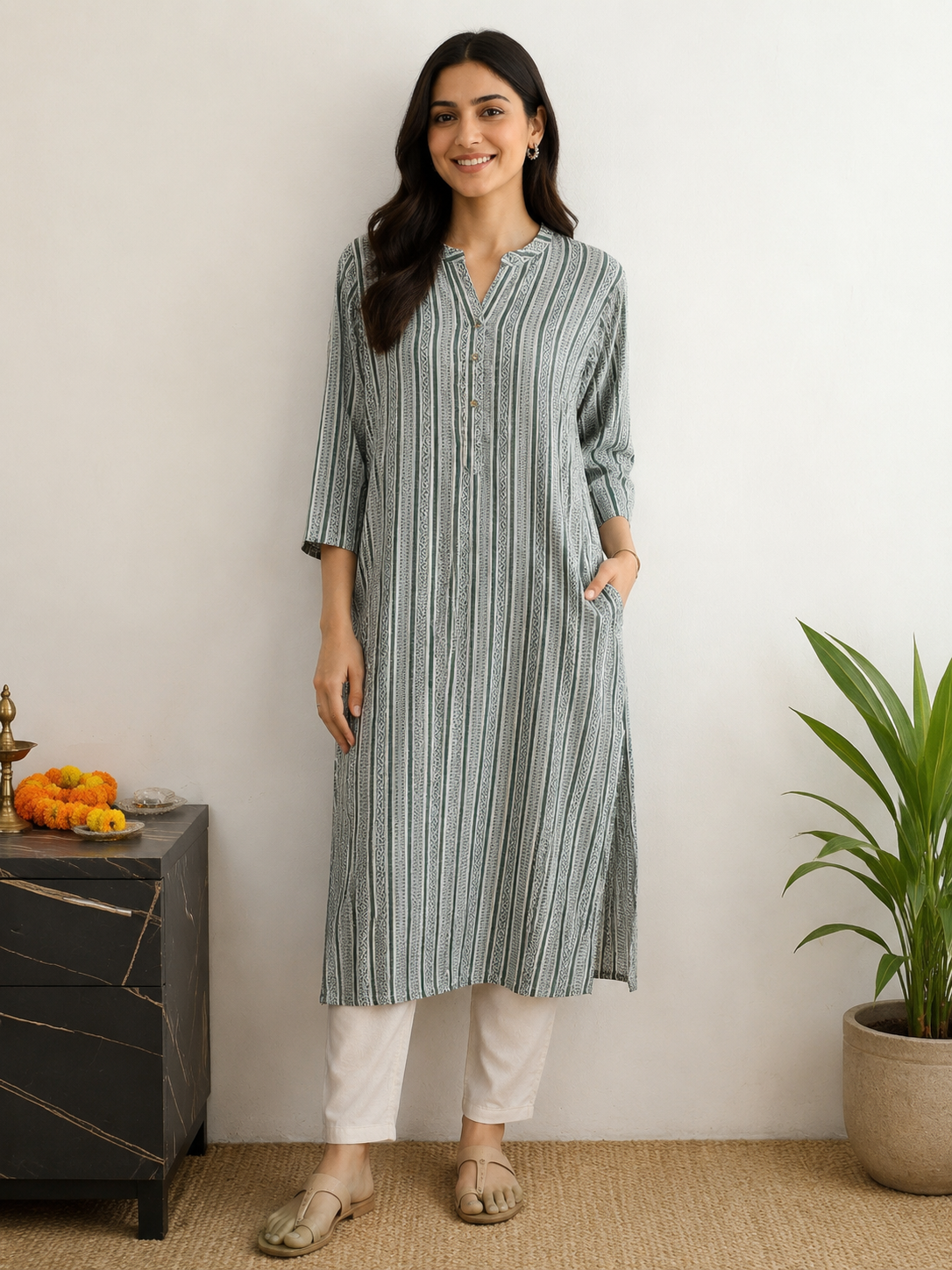 Women’s Sage Green & Off-White Vertical Ethnic Print Straight Cotton Kurti | 3/4 Sleeves | Mandarin Neck