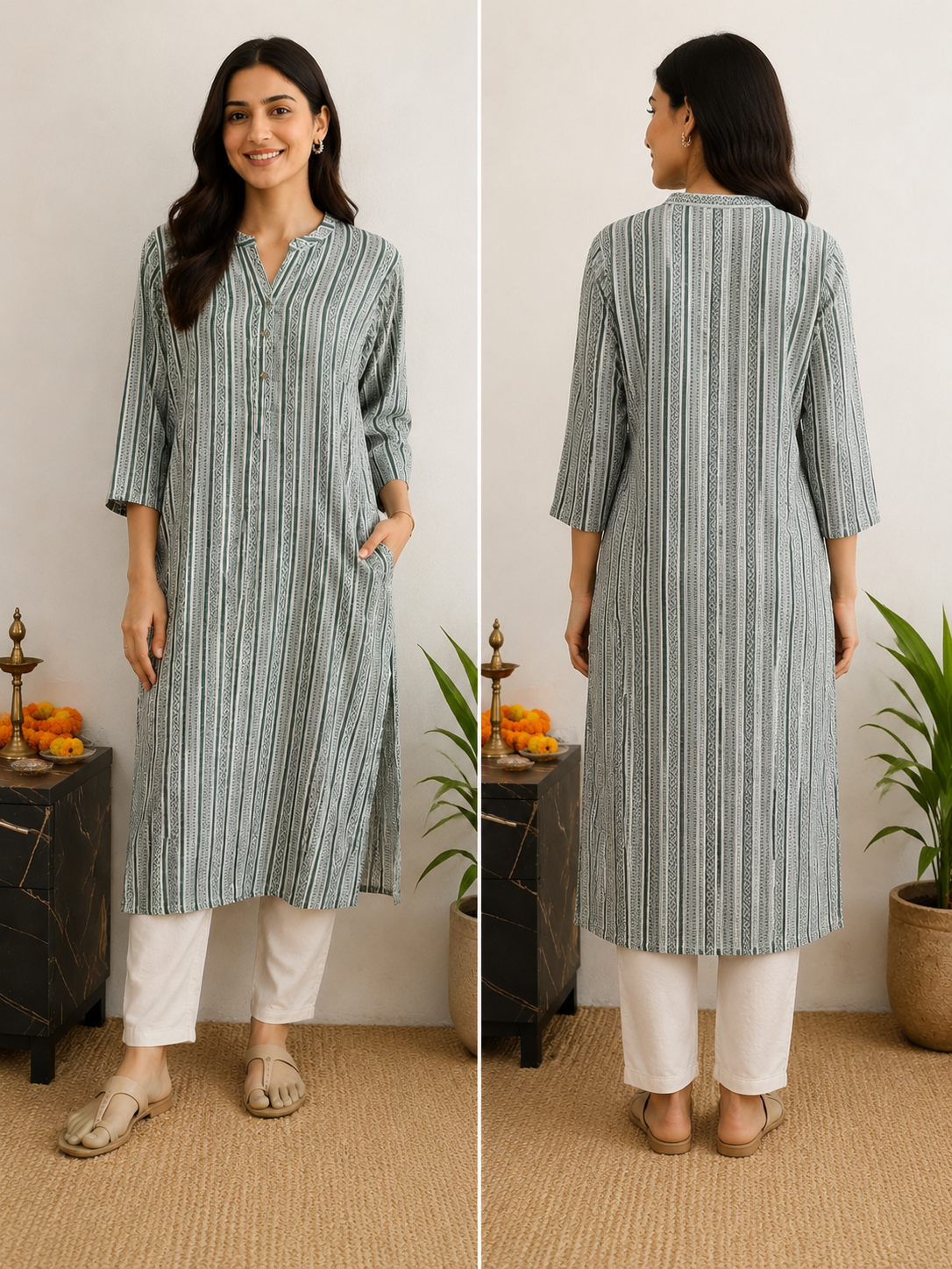 Women’s Sage Green & Off-White Vertical Ethnic Print Straight Cotton Kurti | 3/4 Sleeves | Mandarin Neck