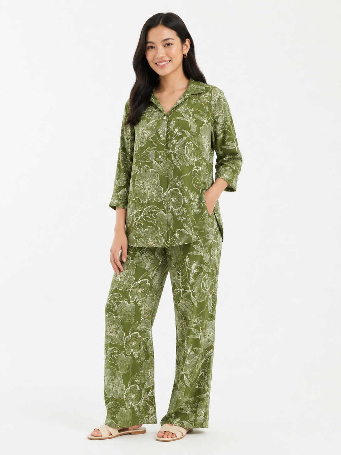 Mithiluxe Olive Bloom Floral Lounge Co-ord Se