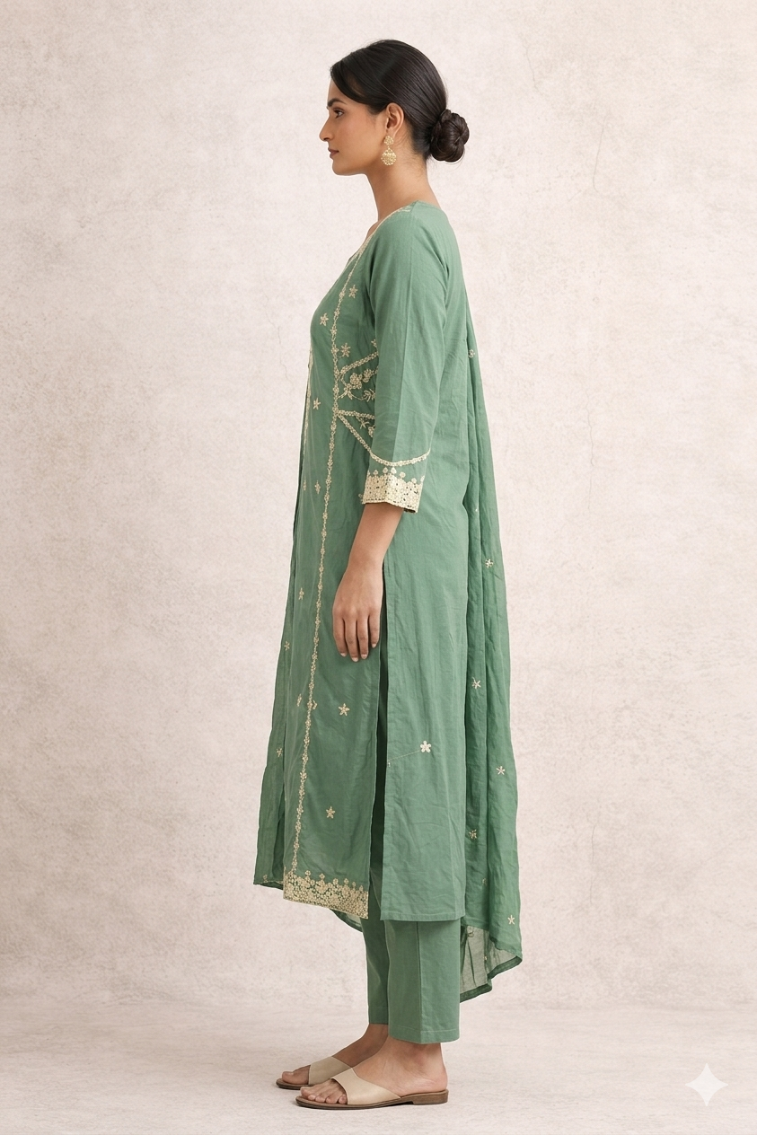 Sea Green Cotton Embroidered Kurta Set with Dupatta