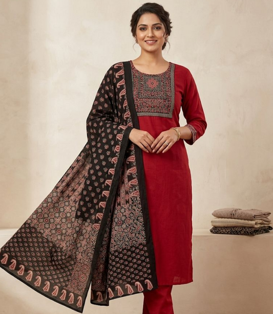 Stylish Red & Black Printed Cotton Kurta Set with Pant & Dupatta