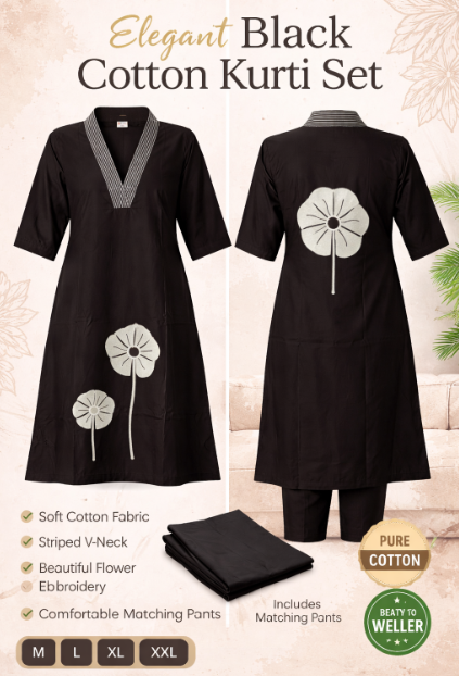 Elegant Black Cotton Kurti with Pant Set