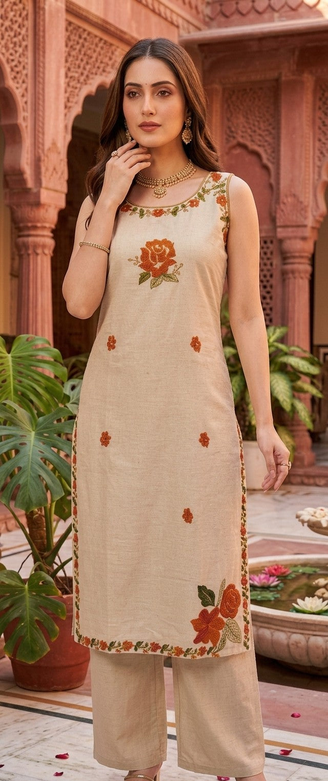 Khadi Cotton Suit with Floral Embroidery