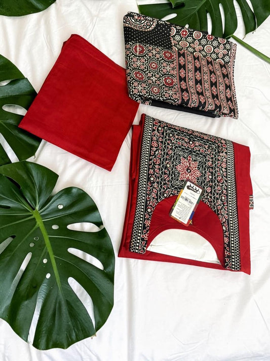 Stylish Red & Black Printed Cotton Kurta Set with Pant & Dupatta