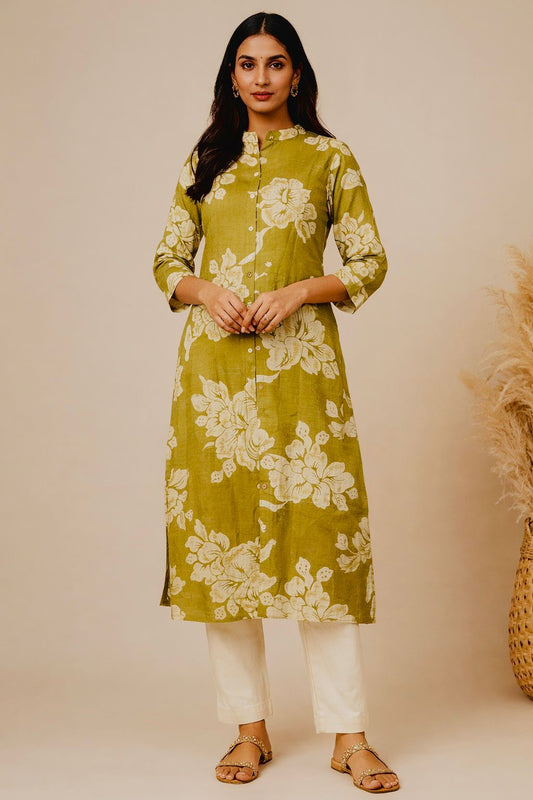 Olive Green Floral Printed Khadhi Kurta Set with Pant
